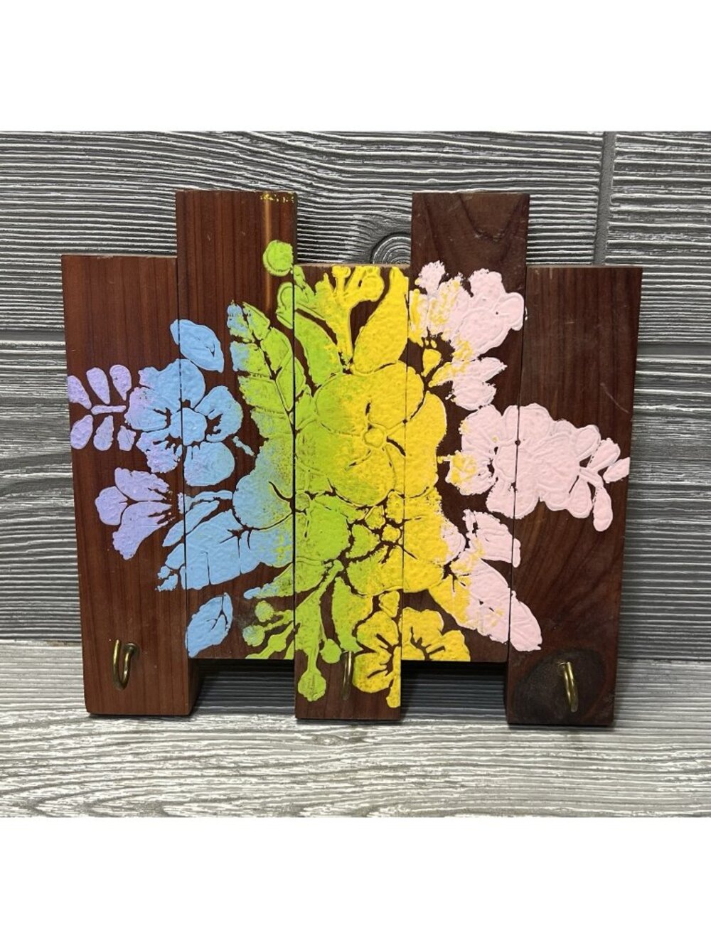 Vintage 1970s Handmade Wood Key Holder Pastel Floral Hawaiian Flowers Boho
